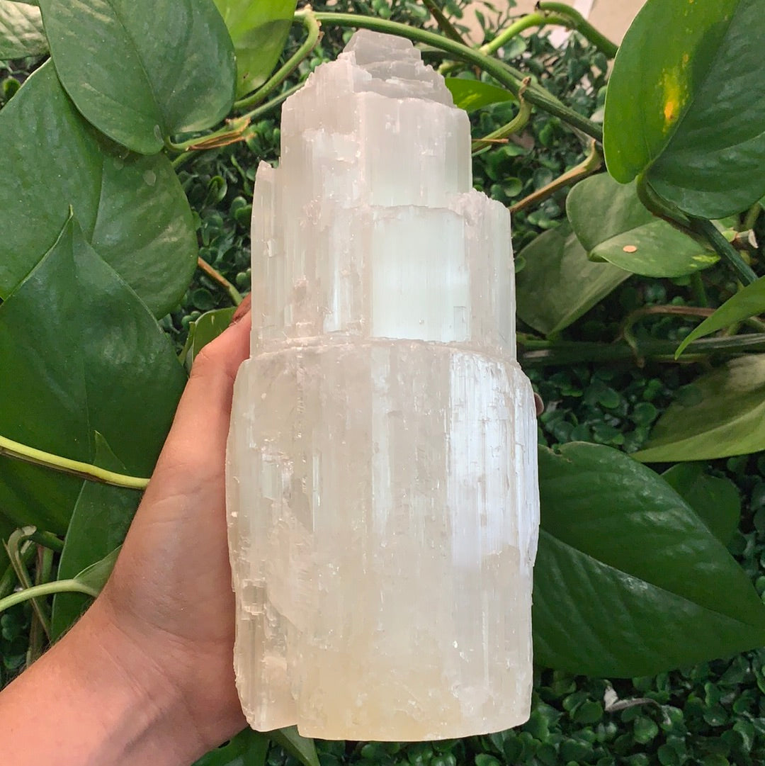 Satin Spar Selenite Tower Lamp